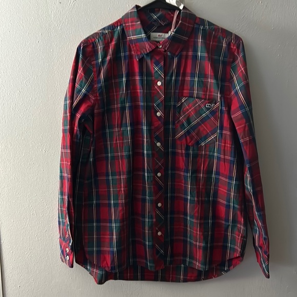 Women’s Vineyard Vines Merry Plaid Relaxed Chillmark Button Down Red Size 10 - Picture 1 of 4